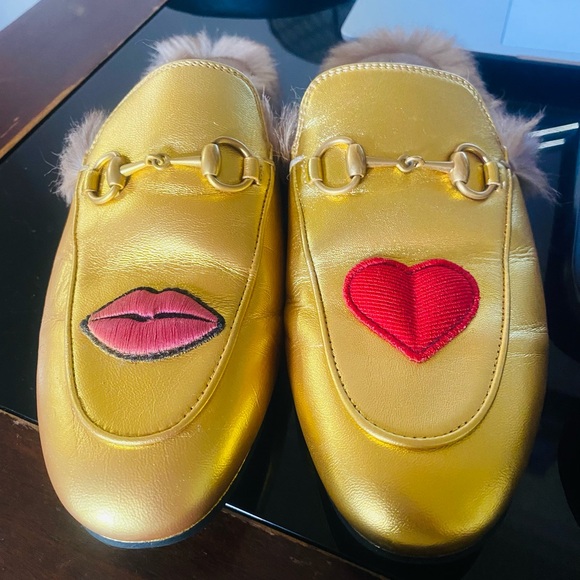 Gucci Shoes - Gucci Gold and Red Emoji Flats